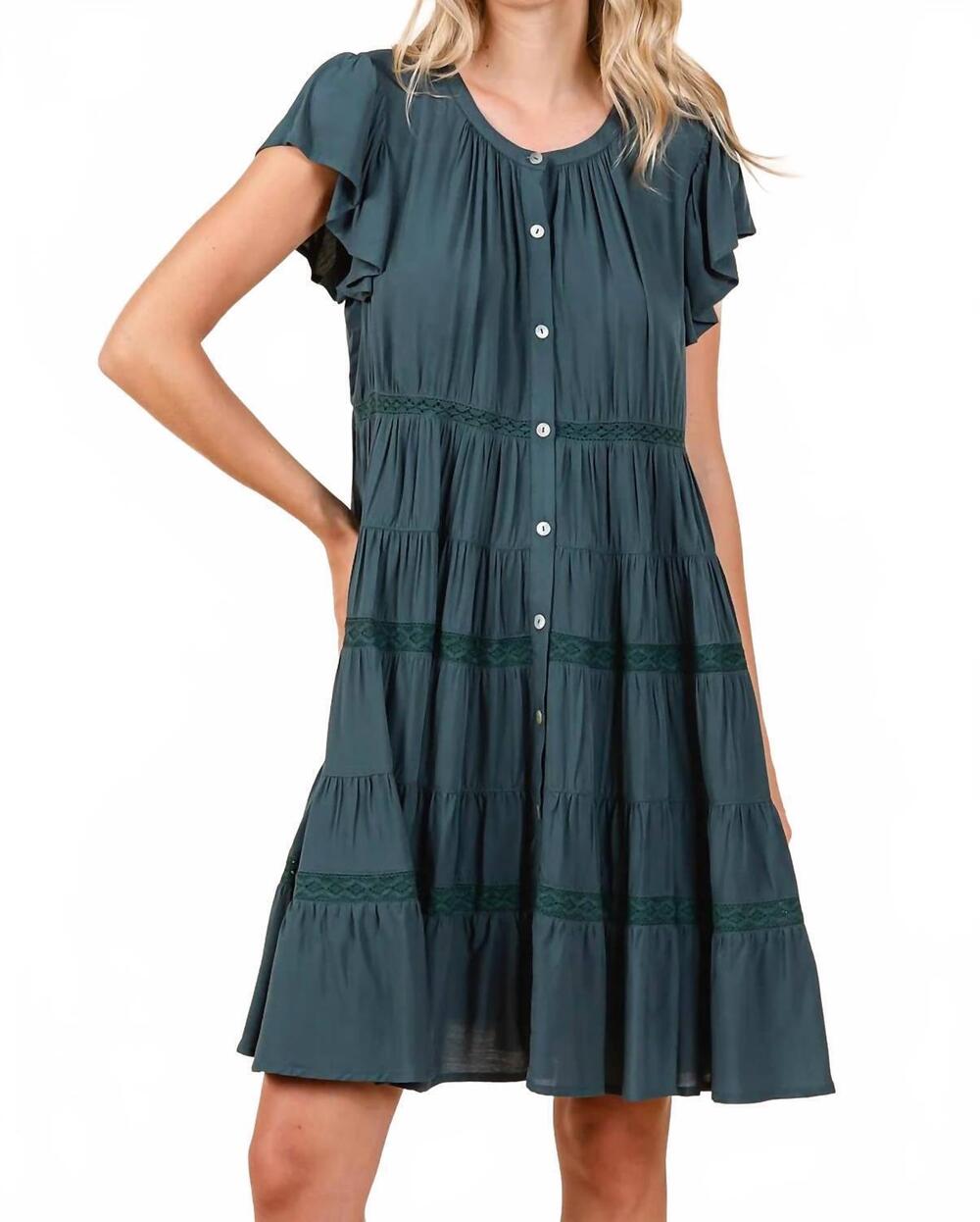 NEW MITTOSHOP ruffle sleeve tiered lace detail button mini dress in teal